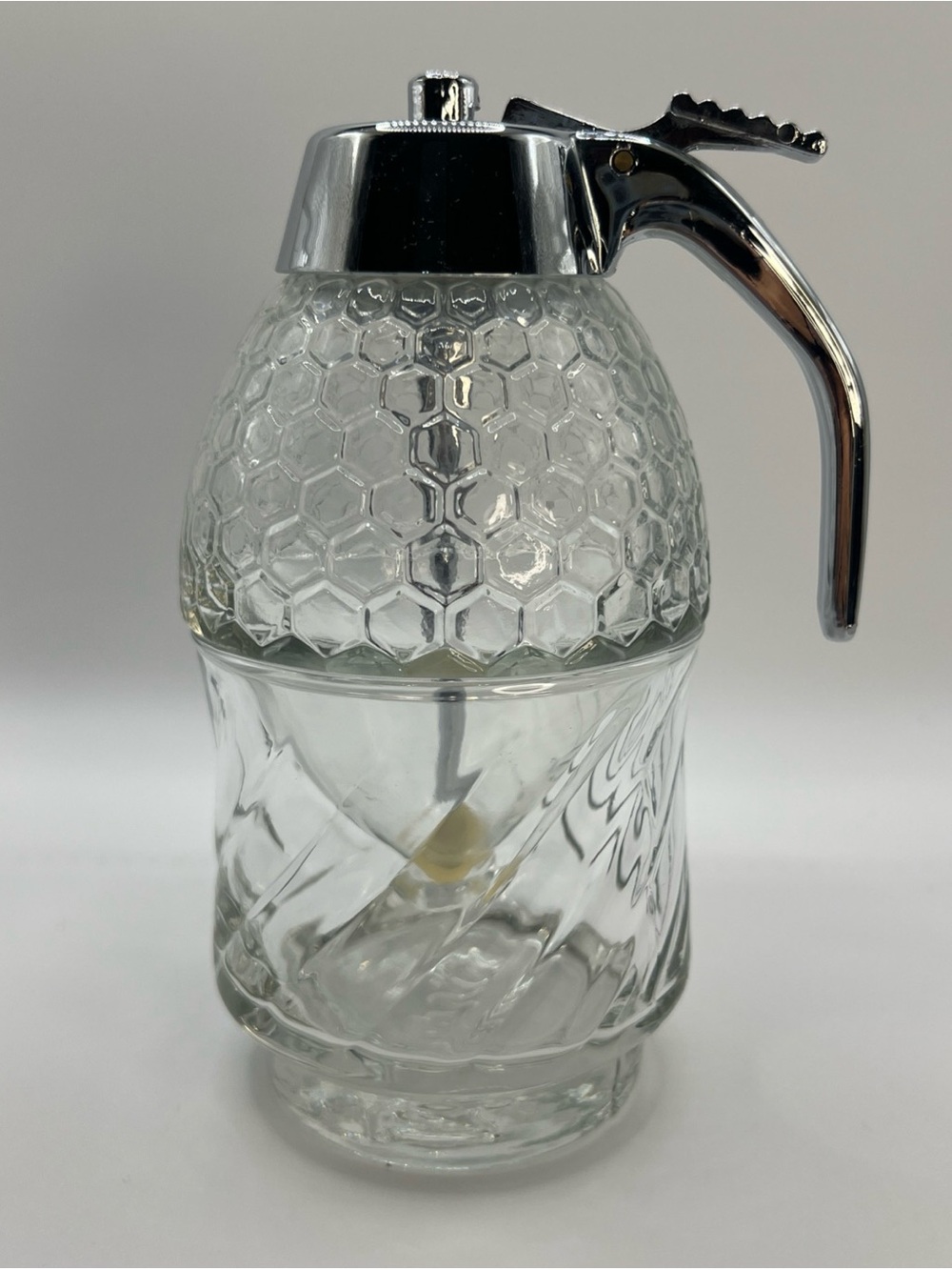 Clear Glass Honey Dispenser with Chrome Lid and Handle